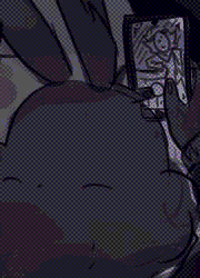 In a rough, monochrome sketch, Moth is taking a picture, holding their phone up to Jay, a short man with shaved horns and messy hair, wearing a big coat and a bandana. He's leaning against a barrel, resting his arm on it by his elbow, with his other hand in his pocket.