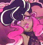 With love in their eyes, this celestial superstar dons a glittering, purple, sleeveless body suit that flair out at the bottom of the pants. in the window exposing their chest is a sigil that presents a moon on their dark skin. A soft, cloud-like wrap shifts around from the back to over their shoulders, framing their swirling, voluminous hair that goes from dark blue to a vibrant, glowing magenta. Their face sports glittering eyeshadow and pink lipstick paired with two ring piercings adorning the lower lip.
