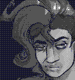 A bulky, pale skinned man looks towards the camera in a disgruntled look, wearing nothing except for the shirt that drapes over his shoulder. On his other shoulder is a tattoo featuring a bovine skull and roses, decorating his skin along side the hair on his arms and stomach, which shares space with the wide scar in the middle of his chest. His hair is styled as a mohawk, curving to one side, framing his lightly pierced face.
