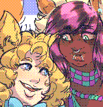 Two plump party goers walk together, shoulder to shoulder, their eyes locked into each other. On the left is a feline lady, with pinkish white skin and baby blue eyes. Her hair is golden and wavy, her cat ears poking out. She wears a light blue hoody with fur collars over a white tank top, blue shorts and a light blue bow with a bell hanging from below. Her long, tail wags from side to side as she looks to her boyfriend. His skin is warm and dark, his face sporting piercings on his nose and lips below his mint green eyes. His long hair is blonde, with his fringe highlighted in light and dark shades of pink. He sports classic Early 2010's Scene clothing, wearing teals and purples on his tank top necklaces and ear piercings. His tail is like that of a tanuki; large, thick and striped, standing tall as he looks back at his upbeat lover.