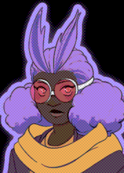 A reference sheet for the character Moth, a short, dark skinned person with puffy, lavender hair with antennae. They wear white goggles with magenta lenses and a yellow scarf that shifts into peachy-orange color at the end of the tails which resemble moth wings. The scarf is above an oversized maroon cardigan over a yellow shirt with black stripes, tucked into black bell bottom pants that are trimmed with orange and maroon platform shoes with black heels.