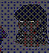 A character design sheet for the character Evie. A large, dark skinned woman with two outfits. The first is her on job outfit, with a simple red shirt and blue jeans, black boots, and a safety jacket, lime green with silver stripes. She wears her hair with straight bangs and locks that go down her neck with silver rings. She also wears piercings on her nose and lips painted dark red and ear rings shaped like red coffins. She wears silver rings on her hands along with coffin shaped acrylics. Her off work outfit is all black with a long dress, with a small boob window and a slit down the skirt that exposes her legs that sports skull patterned fishnets and platform boots. Belts are wrapped around her arms and tummy, alongside a choker. She wears a huge wig with middle parted bangs and a ponytail that goes down her back. Here, she her lipstick changes go from dark red to dark purple.