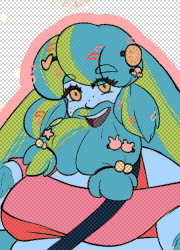 A reference sheet for the character Citri, a short and stout dwarf with baby blue skin and huge teal hair highlighted with lime green. Her hair is worn with two thick pony tails that reach the floor, tied up at the end on each side, which her beard mirrors, adorned with hair clippings like her bangs. She wears a pink and orange cropped, off the shoulder top and black shorts with green lines on the side. She wears black platforms below teal leg warms. Her hands are decorated with rings and wristbands alike and she has a messenger bag, the strap black and the bag resembling a flower, with a skull at the core. Beside Citri is a phone, a close up of her orange eyes and her giant, orange rail canon with stickers all over it.
