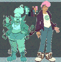 Updated design sheet for the characters Abby McPhearson & Dennis Doe. Abby is short, stout & spectral, her colour scheme only consisting of varying shades of teal. Her hair is in a ponytail that floats up into the air like a ghostly flame, the straps of her jacket also in suspension. Underneath the jacket is a cropped tank top, a spike collar with chains hanging from it, torn denim shorts and doc martens with one leg in fishnets. Dennis is tall & slender with dark skin and pink, fro-y hair that’s formed to be a mowhawk. The jacket is a dark maroon, underneath it being a shirt with a winky face design, basic blue jeans and sneakers.
