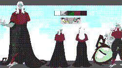 A design sheet for an alien villain character. An alien with blue-ish grey skin and long, middle parting white hair, their eyes red & green, with one featuring multiple irises. Underneath their dark red tentacles disguised as a cloak is a sleeveless, dark green bodysuit, which shows off their insectoid arms, and fills out the shape of their wide hips and thighs that go down to red footwear wrapped around the ankles, which exposes their claw-like feet. Their mouth can separate into four sections, two for the jawlines and two for each side of their chin. Behind their tentacles are another pair of appendages that seem to be coming from their back.
