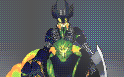 A design for the character Neo-Titania. A large, black, insectoid creature with silver filigree that decorates its body, sometimes doubling as prosthetics. The inside of its torso, pelvis and its abdomen are a sickly green, the large, oozing abdomen also swirling with oranges and darker greens. Its head is ornate but jagged, its jaw of uneven teeth split down the middle with a mismatched amount of eyes on each side of its head. In place of its left arm is a giant, shape blade with a jagged side.
