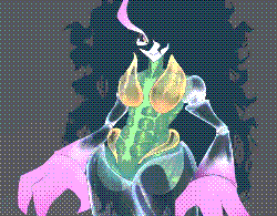 A design for the character Morgana. A large insectoid humanoid, her muscular body is green, while her giant glass, ball jointed limbs are see-through, becoming more magenta at the claws. There small yellow glass pieces around her hips and on her chest. Her face is stark white, only a single eye visible in the giant mess of black hair she has. Above her black eye with a pupil that swims from green to pink, is a large, sharp antennae, curving like a blade as it shifts into a pink color.
