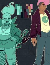 Updated design sheet for the characters Abby McPhearson & Dennis Doe. Abby is short, stout & spectral, her colour scheme only consisting of varying shades of teal. Her hair is in a ponytail that floats up into the air like a ghostly flame, the straps of her jacket also in suspension. Underneath the jacket is a cropped tank top, a spike collar with chains hanging from it, torn denim shorts and doc martens with one leg in fishnets. Dennis is tall & slender with dark skin and pink, fro-y hair that’s formed to be a mowhawk. The jacket is a dark maroon, underneath it being a shirt with a winky face design, basic blue jeans and sneakers.