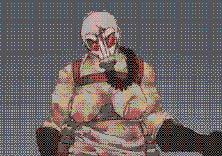 A cultist that appeared in a dream. Their body is bulky and dirty, wearing black leather gloves and booths and a bloodied apron with an eye symbol over their red baggy pants. They wear only leather straps for something on their back on their chest, exposing their breasts. They don a white gas mask that conceals their identiy with orange lenses, the tube coming out of the nozzle thick and black. In the masked person's hand is a large, rusty cleaver, dragged across the floor.