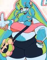 A reference sheet for the character Citri, a short and stout dwarf with baby blue skin and huge teal hair highlighted with lime green. Her hair is worn with two thick pony tails that reach the floor, tied up at the end on each side, which her beard mirrors, adorned with hair clippings like her bangs. She wears a pink and orange cropped, off the shoulder top and black shorts with green lines on the side. She wears black platforms below teal leg warms. Her hands are decorated with rings and wristbands alike and she has a messenger bag, the strap black and the bag resembling a flower, with a skull at the core. Beside Citri is a phone, a close up of her orange eyes and her giant, orange rail canon with stickers all over it.