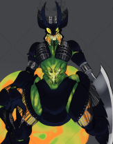 A design for the character Neo-Titania. A large, black, insectoid creature with silver filigree that decorates its body, sometimes doubling as prosthetics. The inside of its torso, pelvis and its abdomen are a sickly green, the large, oozing abdomen also swirling with oranges and darker greens. Its head is ornate but jagged, its jaw of uneven teeth split down the middle with a mismatched amount of eyes on each side of its head. In place of its left arm is a giant, shape blade with a jagged side.

