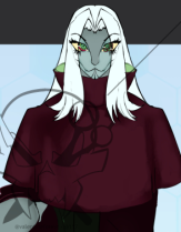 A design sheet for an alien villain character. An alien with blue-ish grey skin and long, middle parting white hair, their eyes red & green, with one featuring multiple irises. Underneath their dark red tentacles disguised as a cloak is a sleeveless, dark green bodysuit, which shows off their insectoid arms, and fills out the shape of their wide hips and thighs that go down to red footwear wrapped around the ankles, which exposes their claw-like feet. Their mouth can separate into four sections, two for the jawlines and two for each side of their chin. Behind their tentacles are another pair of appendages that seem to be coming from their back.

