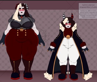 A design sheet for both the feminine & masculine versions of Val’s persona. Both forms have wide, pear shaped frames, mismatching eyes & horn colours (White & red), the horns of which having mismatching stripe patterns as well. They both wear glasses with gold frames and magenta lenses below brown hair with one side of their bangs being blond. The feminine form is taller, donning a purple bra underneath a puffy, see through shirt & red jeans, the black on his arms now below the elbow. The masculine form has shorter hair, donning a large, black coat with gold trimmings over a red turtleneck & white jeans, the black of his hands only reaching to his knuckles.
