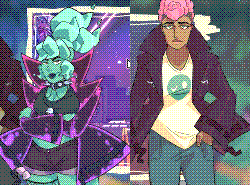 A sprite sheet featuring the characters Dennis Doe & Abby McPhearson for the Monster Prom mod “Dennis Doe - Mostly Ghostly”. Dennis is tall & slender with dark skin and pink, fro-y hair that’s formed to be a mowhawk. The jacket is a dark maroon, underneath it being a shirt with a winky face design, basic blue jeans and sneakers. Abby is short, stout & spectral, her skin & hair are a ghostly teal, her clothing mostly in dark clothing like her navy blue tank top and dark maroon shorts & boots. The back of her hair is tied into a ponytail that flows up into the air like a ghostly flame. Her version of the jacket appears as if it’s being exposed under black light, based with a deep dark purple, outlined by stains that are a glowing magenta. Each character has been copied two times with different expressions, with Dennis showing neutral, shocked & disappointed expressions while Abby has her neutral, confused and rageful faces.
