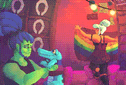 An illustration featuring the characters Mayday, Zuke & Ellie from the game No Straight Roads, which was presented in a LGBT+ fan zine for the game. The three are in their home, the sewers, decorated with blankets & Christmas lights suspended from the ceilings. Zuke, a green human with blue, tied up dreads, is joyfully holding Ellie, a tiny blue alligator, who’s wearing a tank top featuring the colors of the bisexual flag. Mayday, an orange skinned woman with blond hair, is at the back, climbing on top of a giant, pink sofa to hang up the original pride flag onto the wall.
