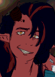 Karlach is holding Val's head up as he smirks at the camera while she shrugs, setting his neck up for Astarion to bite into it as he stares at the camera.
