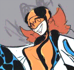 A rough design for a superhero character themed after a poison dart frog. She wears a blue bodysuit resembling the body of the creature she's inpired by, with an orange tummy and black lines that streak across the stomach and black dots all over the legs. Over it is a white hoodie accent black, similarly colored rollerskates with black socks lined with orange, black gloves with a blue underside and a black skater helmet with an orage visor, making her wide, orange and messy hair stick out. 