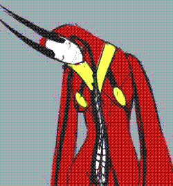 A rough design draft for a character referred to as “homunculi”. A tall, inorganic, horrific creature with a red, slim body with black stripes that go down the middle of their torso, arms and legs, with large, spiky hands that glow green and feet that are more a mess of tendrils. A row of teeth goes down the middle of their body from their chest to their crotch, with small breasts that don glowing circles beside it. Above the chest is a head donning a white, tranquil mask with long black horns, held by a long, crooked neck.