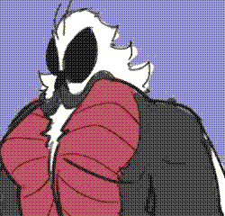 Rough design sketches for the character Sandy Crane, also known as the “The Moth”. A person in a giant monster costume, the outfit is modelled after a Baphomet moth, with a buff red body with black fur that covers the outside of their limbs, with mechanical hands and feet with long fingers. They mask with white fur and black compound eyes, with a rebreather with two tubes that go down into the suit. The sketch besides the design is The Moth is holding their arms out to show their white wingsuit gliders and 4, giant inflatable tubes made to resemble a Baphomet moth’s tendrils.