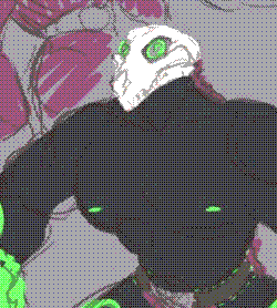 Various sketches of the character “The Lingering King”. An undead monster, his muscular body is covered in black that with sickly green highlights that go into spiralling patterns on his arms, legs and nipples. His tail is purple, it’s fur going up across his back to his canine skull that glows with green. He wears purple tights and a brown leather belt. In another sketch above, he wears a purple suit with a black shirt, green tie and a wrestling championship belt.