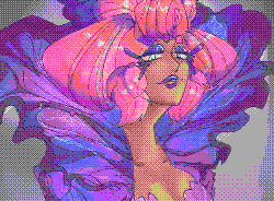 A piece featuring the character Mari in an outfit different from her usual attire. she's a slim, dark skinned woman with big, tied up, orange hair, with makeup that gives her eyelashes that resemble butterfly wings, matching her outfit's motif which consists of a top and coat that resemble butterfly wings, the collar of the coat being and ornate.