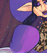 An Elven lady sits, leaning on a magical, glass orb by a maroon curtain, the room around her become filled by the visage of a starry night sky. She wears a purple body suit with black boots, filling out her plump body, accented with segments of lace that go up the side her wide legs and framing her bosom, adorned with floral imagery. On top her head is a wide brimmed witch hat, the brim framing her long elf ears and her longer, black hair that parts from the middle. The hair gives way to show her face, decorated with purple eyeshadow and lipstick as she looks upon her orb with a smile.