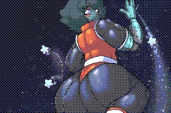 An alien with green skin and wide, fluffy hair flies through space with a trail of starts behind him, looking behind his shoulder. He wears a shiny body suit with an orange torso, black limbs with white accents & boots that hug the curves of his huge rear. He has a prosthetic right arm with a teal sheen. He has milky white eyes with orange markings on them.