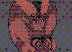 Surrounding by curvy figures in hoods, a plump demon stand up in a suggestive pose, holding their arms up behind their head as they're lit from below. Their skin is red hot and has nipple piercings. Their ears and horns are long and sharp, with spirals going up the thick horns. Their tail goes from thick to thin at the end as it wraps around their feet. Across their body is black markings with spirals and and waves that start from the top of their head, down to their tummy, with their lower legs being completely black.