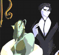 A painting referencing J.C. Leyendecker’s “couple descending a staircase” with the characters “Loomy” & “Rivvy”. The two are on a golden staircare, the bannister’s appearance resembling tridents. Loomy is a large, green angler fish mermaid, her dark green scales made to resemble a one piece dress over her sage green skin tone. Her hands are huge with lime green fins and pearl white claws, her wrists adorned with pearl bracelets and her arms obscured by the fur collar wrapped around her. On top of her warm, smiling face is a long wig made of seaweed that goes down her collarbone. She looks at Rivvy, a similarly tall fish lesbian, based off of a dragonfish. His blue-ish black scales resemble a suit, his barbel wrapped around his neck like a tie over his silver skin. His face has defined cheekbones with jet black eyelashes that make his yellow eyes pop. His hair is also black, slicked back with two strands of hair poking out.