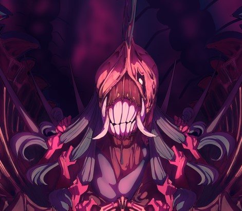  An illustration featuring the monster Anima from the Final Fantasy franchise. A large, hideous beast, it takes the general shape of a statue bust, with the head framed by mouth-like walls with dark, spiky teeth on each side. The figure itself inside of the maw is abstract in its anatomy, the skin on its head seemingly torn & draped over it, exposing only long, blue hair coming out from underneath it and in the middle of its scalp, one beady, glowing eye and a giant, toothy mouth with large tusks on each side. The hair coming out from the bottom of the drapery is being held down by small, red hands, leading down to two massive, clawed hands that seem to be the beasts, held together but cuffs.
