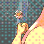 A companied by droves of pastel blue & yellow flowers is a rotund dragon with warm, yellowy skin and a thick, curled tail with orange spikes. Their tummy is a lighter yellow, going up to their face with their blue, gentle eyes and brown hair that flows down their neck, their horns sticking out from the sides. They sit away from the camera, surrounded by a wall of trees, giving the viewer a shy look as they gently hold a dandelion, another one nestled in their hair
