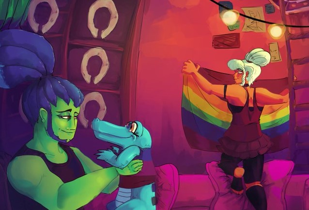 An illustration featuring the characters Mayday, Zuke & Ellie from the game No Straight Roads, which was presented in a LGBT+ fan zine for the game. The three are in their home, the sewers, decorated with blankets & Christmas lights suspended from the ceilings. Zuke, a green human with blue, tied up dreads, is joyfully holding Ellie, a tiny blue alligator, who’s wearing a tank top featuring the colors of the bisexual flag. Mayday, an orange skinned woman with blond hair, is at the back, climbing on top of a giant, pink sofa to hang up the original pride flag onto the wall.

