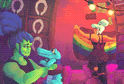 An illustration featuring the characters Mayday, Zuke & Ellie from the game No Straight Roads, which was presented in a LGBT+ fan zine for the game. The three are in their home, the sewers, decorated with blankets & Christmas lights suspended from the ceilings. Zuke, a green human with blue, tied up dreads, is joyfully holding Ellie, a tiny blue alligator, who’s wearing a tank top featuring the colors of the bisexual flag. Mayday, an orange skinned woman with blond hair, is at the back, climbing on top of a giant, pink sofa to hang up the original pride flag onto the wall.

