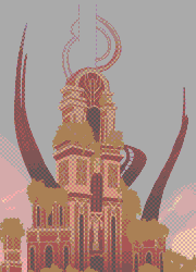 A banner featuring Ktisis Hyperboreia, a building found in Elpis in the game Final Fantasy 14. The frame is made of beige stone with straight lined architecture in front of red bricks and moss that sneaks through the seams. This architecture is similar to the building in centre frame, placed on a floating island, surrounded by towers. Around the main building are tentacle like structures that swirl to the sky along with the building.
