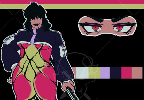 Design piece for the character Apollo. A tan skinned woman with medium black hair and fierce eyes decorated with red eyeshadow. Below her dark purple crop jacket is a red & yellow bodysuit with sinewy black streamlines that go down to her sneakers, sharing the same colours as her jacket but with red that goes down the front. In her hand is a futuristic microphone with a black handle and a white base with a red cover for the mic.

