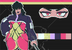 Apollo, A tan skinned woman with medium black hair and fierce eyes decorated with red eyeshadow. Below her dark purple crop jacket is a red & yellow bodysuit with sinewy black streamlines that go down to her sneakers, sharing the same colours as her jacket but with red that goes down the front. In her hand is a futuristic microphone with a black handle and a white base with a red cover for the mic.
