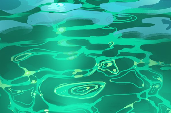 An illustration featuring a body of water. Its hues shift from a bright sky blue to a deep, dark teal as it goes further down, the ripples being of jade & lime greens.

