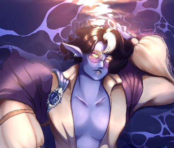 An illustration featuring the character Jel from the game Palia. A lavender skinned elf-like character, his hair is medium, brown with a patch of white in his fringe. He’s wearing something close to his usual outfit, his white puffy shirt, striped suit pants and purple circular glasses and silver earring, but his shirt is unbuttoned, exposing his bare chest. In place of his suit vest is a long piece of purple cloth wrapped all over his body from his left shoulder all the way down to in between his thighs. His measuring tape is draped across his right arm right next to his trinket.


