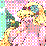 A large, beautiful woman rests on a field of plant life. Her large, voluminous blond hair blanketing her body, voluptuous in ever area, coloured with a healthy tone of pink. She wears only a bikini made of maroon and cyan flowers, wrapping around her large bosom and hips, with a floral crown and flowers around her wrist.