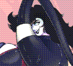 In front of an abstract background with shades of orange that swim together, Jill rests on her knees, looking over her shoulder towards the camera with a playful grin. She wears fingerless gloves, white gloves and a blue spandex suit, accented by red stripes, filling out the shapes of her gigantic assets and proportions. Her arms stretch and extend, wrapping around her body. One arm goes over her head and beneath the bed of black hair, holding up to help reveal her face. The other arm wraps around her bosom and thunderous legs, her hand poking in between her ass cheeks, pointing at the camera.

