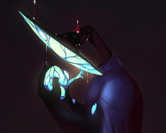 An illustration featuring an unnamed entity. The figure in question is long and slim, donning a long, blue cloak, its head and arms appearing to be black with blue eyes dotted on the arms. The head in question is large & near flat, the face glowing a bright sky blue with tearing eyes at each corner, with small lips at the centre. The figure is holding an organic glowing object- shining the same colour as the figure- as a hand sticks out of it to reach them. Framing the figure is a large, gaping maw, its giant teeth dripping with blood. The surroundings in general are organic, red & cavernous in its darkness.
