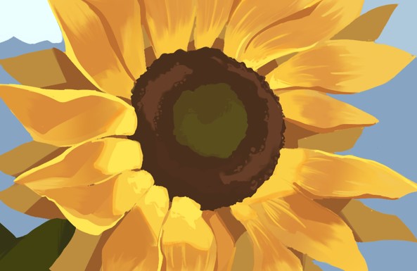 An illustration of a large sunflower. In front of blue-ish grey skies, its petals are warm & golden, framing the disc that’s composed of multiple seeds. The stem & its leaves are dark & green, highlighting the warmth of the petals even further.
