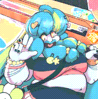 A colorful piece featuring the character “Citri”. The pastel dwarf, donning her giant, blue & green hair and equally large, braided beard, is doing a cute pose with her knee up and her railgun on her shoulder, looking at the camera with a big open smile with an accompanying hand doing the peace sign.
