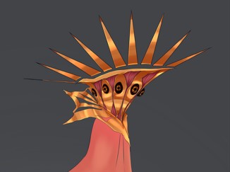 A design piece for an interpretation of a biblically accurate angel. Its head is golden & ornate, taking the shape of a rigid, upside down cone with each side featuring a dark eye, long spikes being suspended around its flat head, invoking the shape of a crown. Beneath its wide, intricate collar piece is a long, flowing amber cloth, part of it blowing to reveal that nothing is underneath the body.

