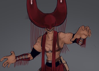 Design piece for a cultist that appeared in a dream. A tall & lean figure with a red velvet mask with horns with fringes and a symbol on the top of each tip, along with hooks at the bottom of the cowl that suspend the person’s mouth, creating a permanent smile. Above their shoulder straps is a sash, the aforementioned eye symbol appearing on both ends. On their arms are shoulder pads with bracers that have fringes on them. Underneath their robes, also in red velvet, are distressed leggings that go up to the waist, ending with boots that have a random assortment of leather straps and metal attached to them