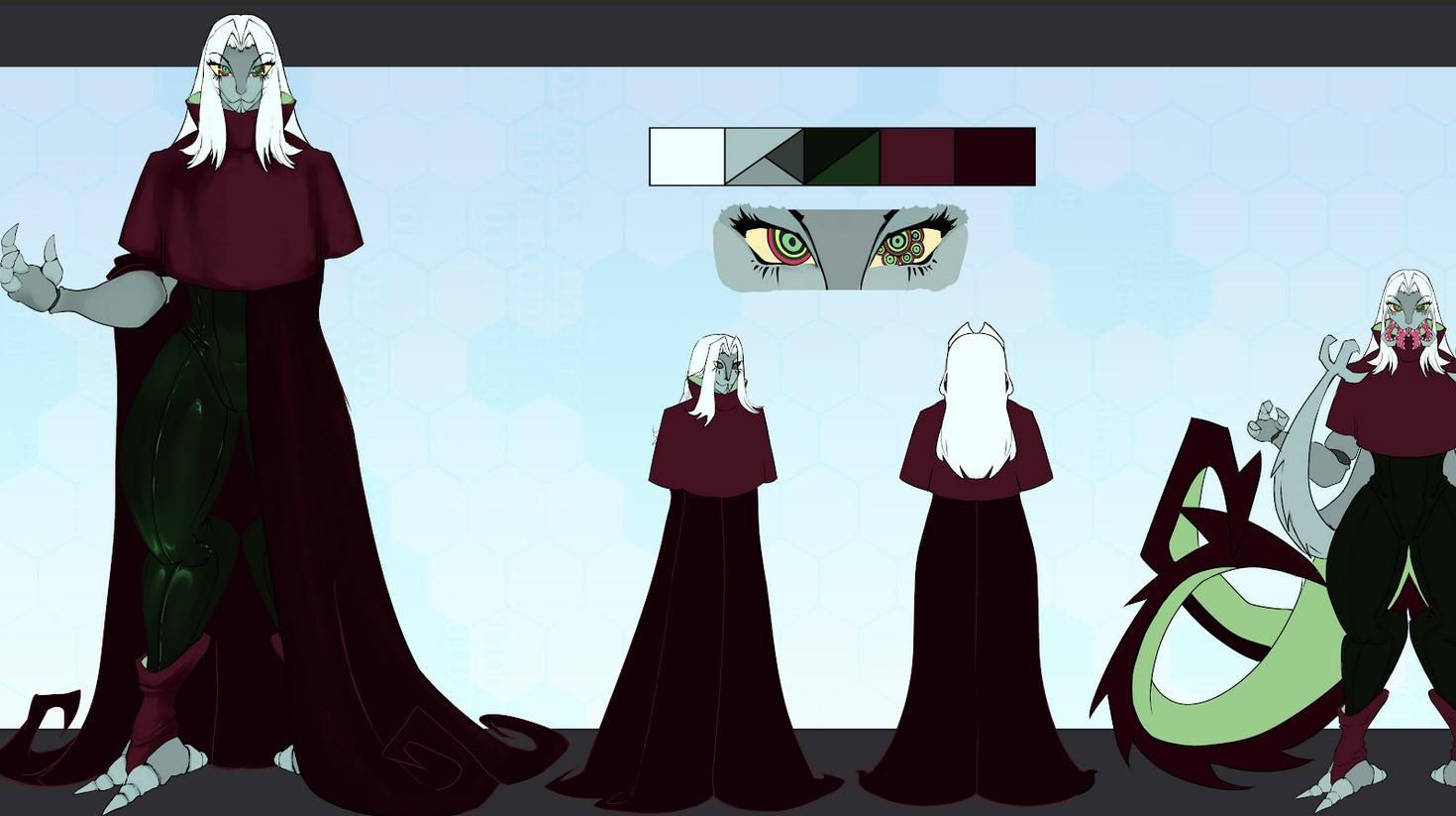 A design sheet for an unnamed alien villain character. An alien with blue-ish grey skin and long, middle parting white hair, their eyes red & green, with one featuring multiple irises. Underneath their dark red tentacles disguised as a cloak is a sleeveless, dark green bodysuit, which shows off their insectoid arms, and fills out the shape of their wide hips and thighs that go down to red footwear wrapped around the ankles, which exposes their claw-like feet. Their mouth can separate into four sections, two for the jawlines and two for each side of their chin. Behind their tentacles are another pair of appendages that seem to be coming from their back. (Character belongs to @MrUndisclosed on twitter)
