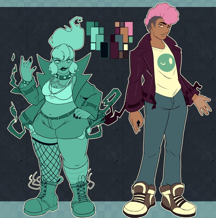 Updated design sheet for the characters Abby McPhearson & Dennis Doe. Abby is short, stout & spectral, her colour scheme only consisting of varying shades of teal. Her hair is in a ponytail that floats up into the air like a ghostly flame, the straps of her jacket also in suspension. Underneath the jacket is a cropped tank top, a spike collar with chains hanging from it, torn denim shorts and doc martens with one leg in fishnets. Dennis is tall & slender with dark skin and pink, fro-y hair that’s formed to be a mowhawk. The jacket is a dark maroon, underneath it being a shirt with a winky face design, basic blue jeans and sneakers. (Characters belong to @MrUndisclosed on twitter)
