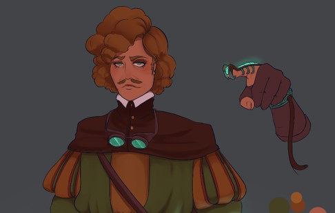  Design piece for the character Turner Aten-Shaw. A human, his face is modelled after the actor Gene Wilder when he was in Young Frankenstein, with frizzy hair, a sharp moustache and goggles that are currently resting around his neck.. He wears a brown cape over a green coat with puffed & slashed shoulders, with puffy, orange pants that go down to his brown boots. Beside his brown belt with blue, glowing potions is a rusty canister, held up by a shoulder strap, that also contains a glowing blue energy. His left hand is donned with a device connected to the canister, that has an almost centipede like contraption wrapped around his index finger with sharp appendages to connect itself to the finger.
