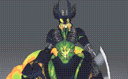  Neo-Titania, A large, insectoid with a dark blue exoskeleton, their exposed flesh is a deep green, the fluids from their abdomen & eyes being of sickly greens and oranges. One side of their face has two eyes while the other has three above a large, toothy maw whose jaw can split into two. Parts of their body are held together by hollow, silver scaffold-like constructs that are ornate in aesthetic. In place of a left arm is a giant, silver blade with a rigid edge on its back and behind its two long antennae is an ornate decoration on the scalp of their head.
