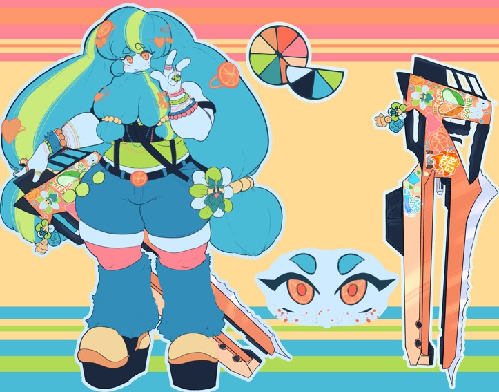  A design sheet for the character Citri Tréa. A Dwarven woman with light blue skin with a large beard with twin tails. She has huge, blue hair with lime green streaks that go down her waist, ending in hair buns tied by beads and orange freckles across her cheeks. She’s wearing blue shorts- That has an orange as a belt buckle- with black suspenders and a lime green off-the-shoulder top. She has pink leggings underneath blue leg warmers above platform shoes. She dons a plethora of trinkets & accessories like hair pins, bracelets and rings that have googly eyes on the middle & index fingers on her right hand. Besides her is a giant, orange rail gun with a serrated edge that’s covered in stickers.
